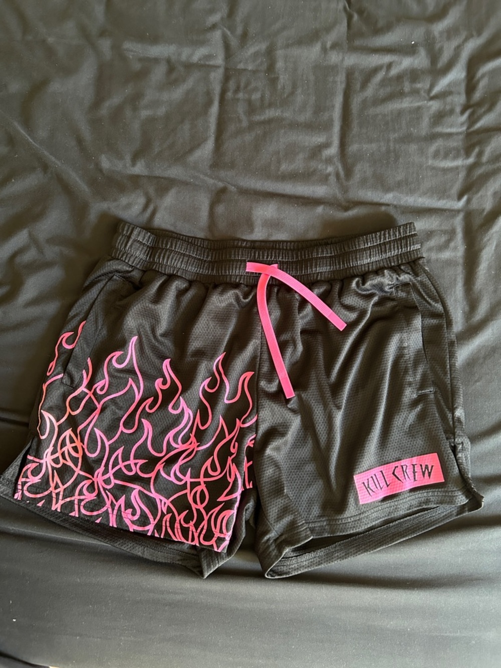 Kill Crew Black Athletic Shorts with Hot Pink Flame Detail